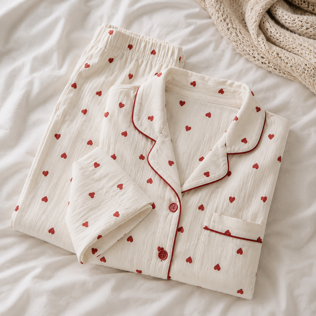 Pijama manga larga pantalon corazón vino