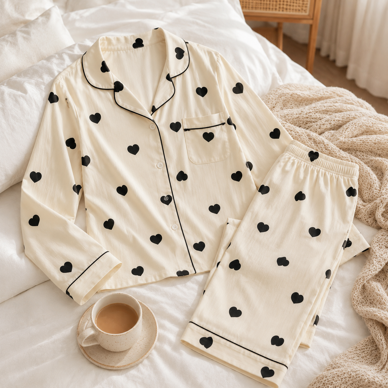 Pijama manga larga pantalón corazón negro